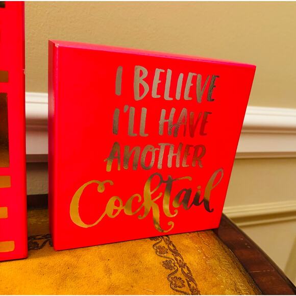 Wood Sayings Signs Pink Gold Cocktail Champagne Square Rectangle Set of 2 NEW - Picture 2 of 4